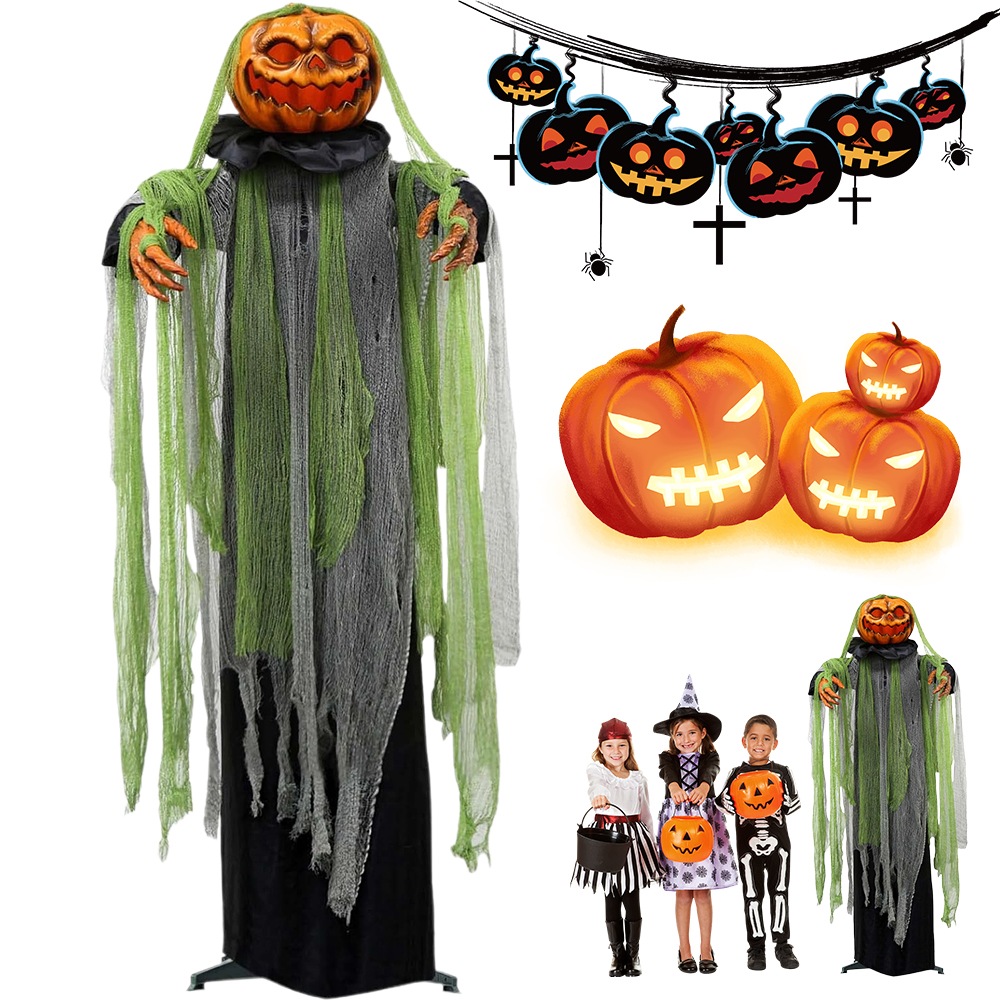 Halloweenská Figurka 74 Palců S Černou Tkaninou, Svítící Dýně Se Senzorem