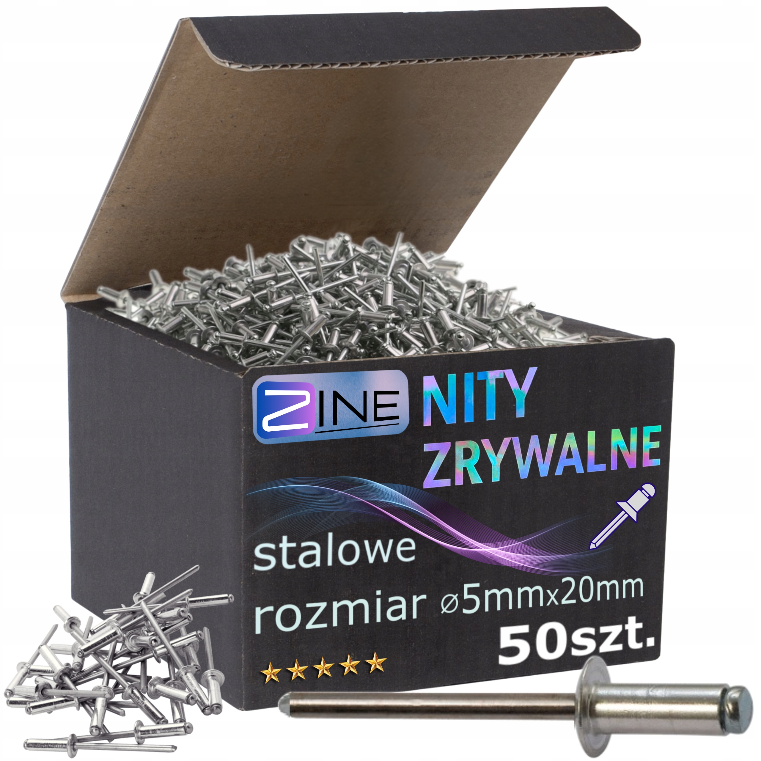 Nity Zrywalne Stalowo Stalowe 5x20mm Zestaw Nitów Stal/Stal Zine 50 sztuk