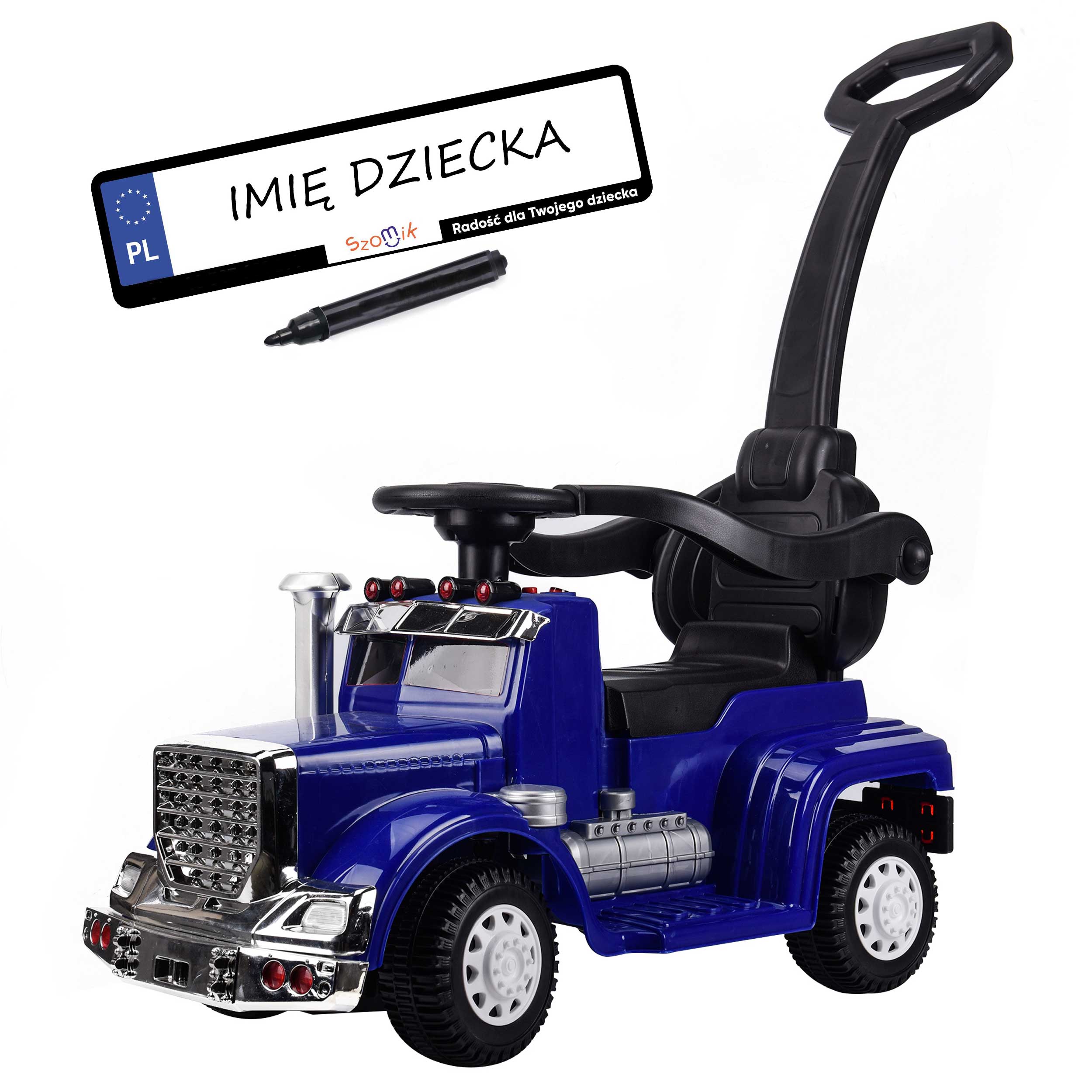 Jeździk ciężarówka dla dzieci – odpychacz z rączką i oparciem dźwięki