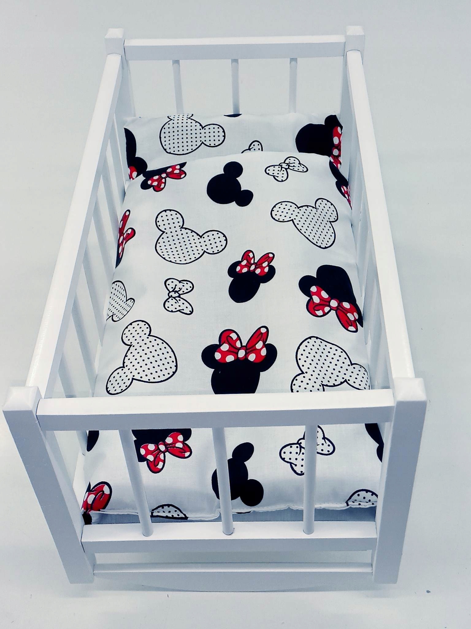 KOŁYSKA DLA LALEK BIAŁA DREWNIANA + POŚCIEL 3 elementy