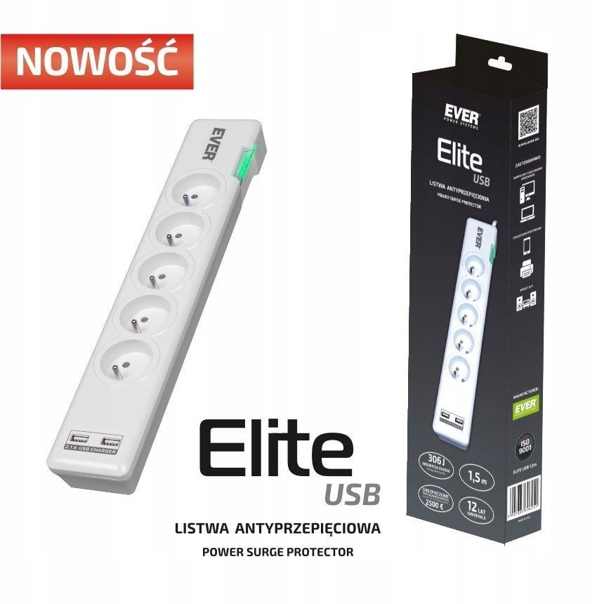 Ever Listwa antyprzepięciowa Ever Elite Usb 1,5m