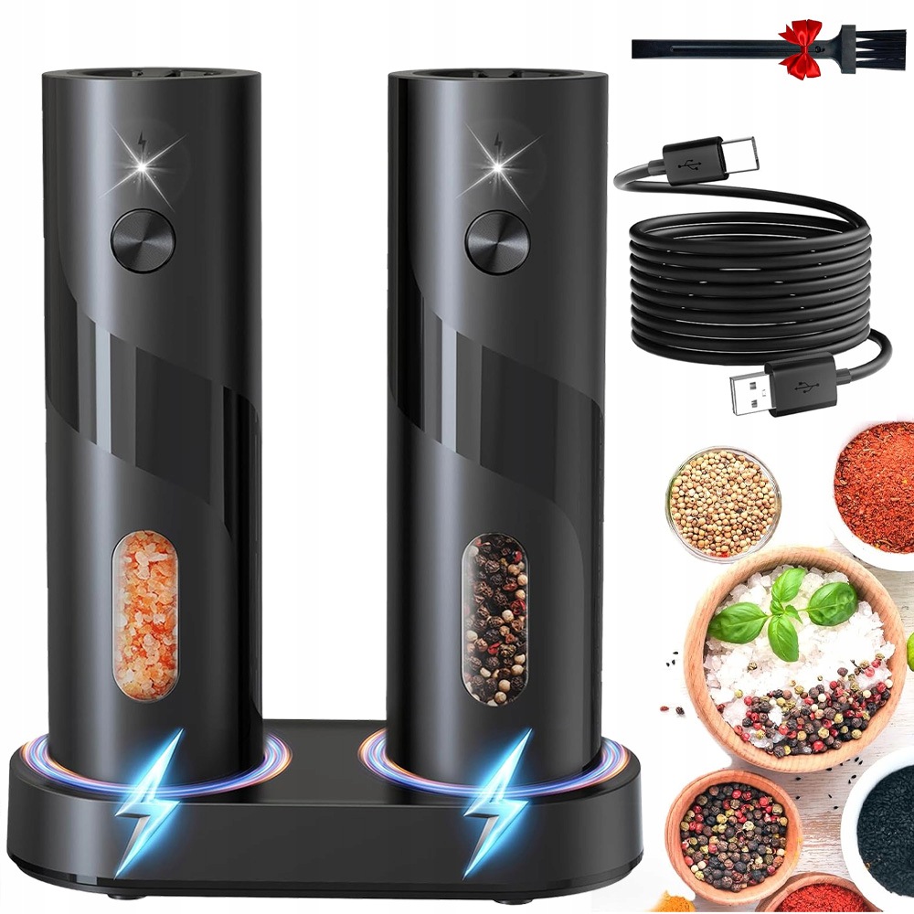 2X Elektrický Mlýnek Na Mletí Pepře A Soli Akumulátor Usb Nastavitelný
