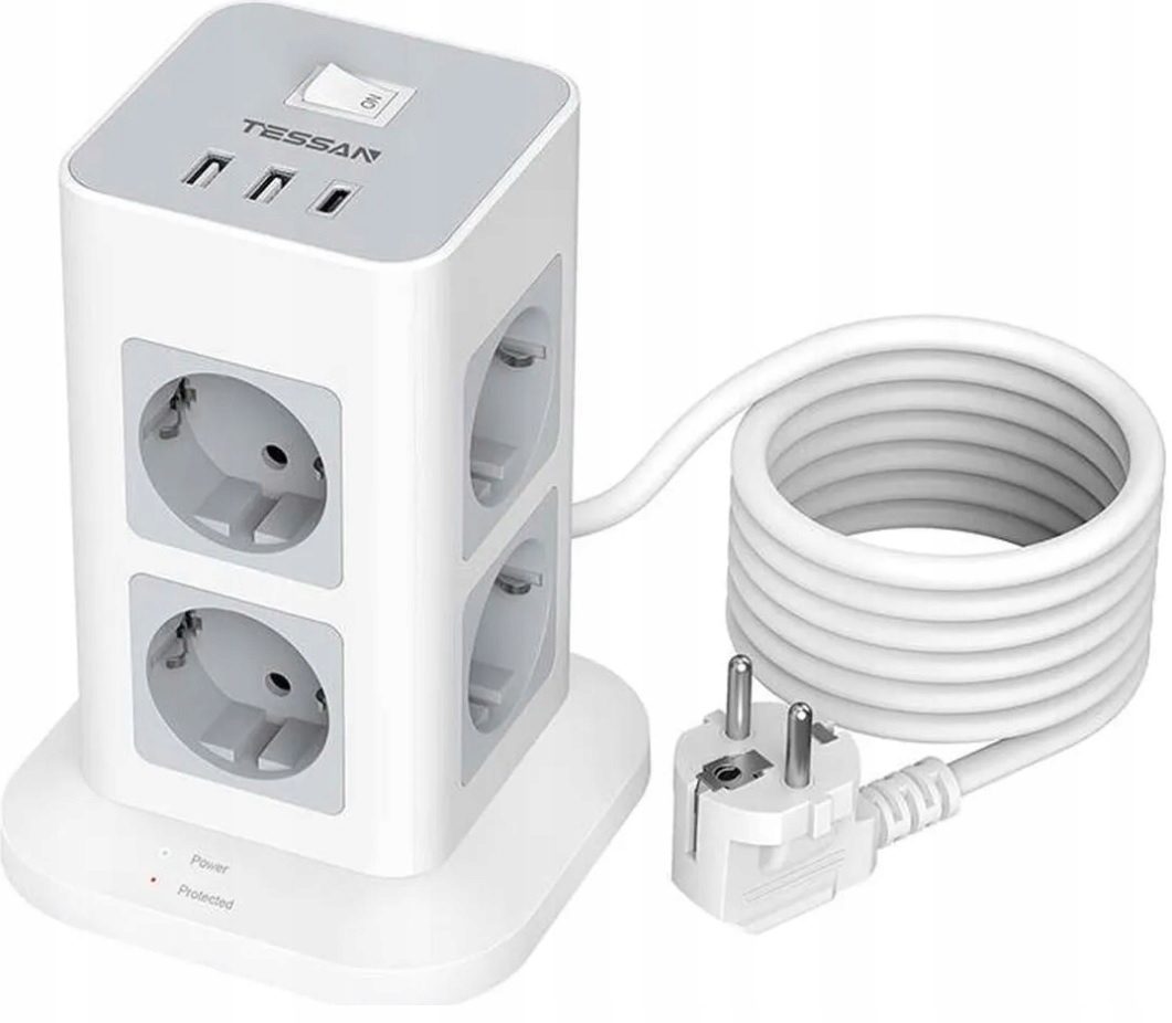 LISTWA STOJĄCA KOMPAKTOWA Tessan Rozgałęznik 8xAC 2xUSB-A 1x USB-C 3600W 5M