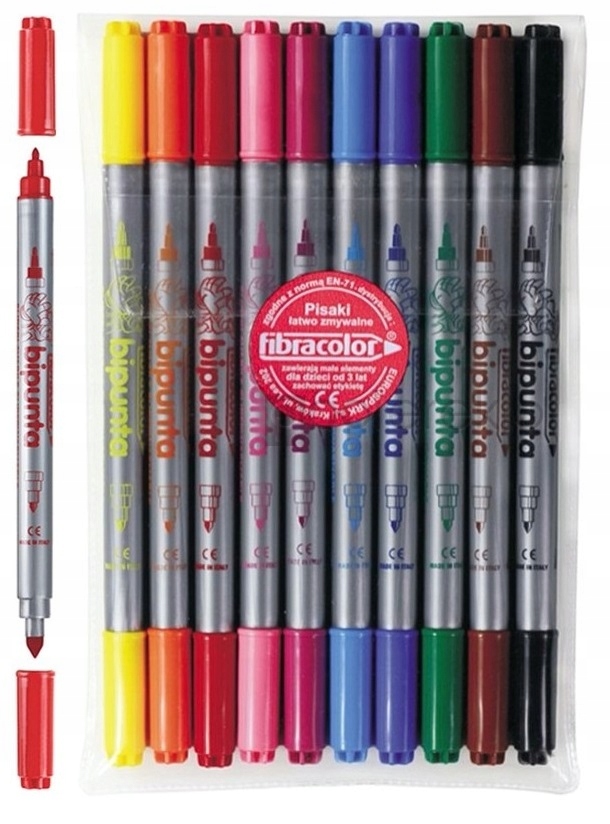 FIBRACOLOR Flamastry markery pisaki dwustronne szkolne 10 kolorów w ETUI