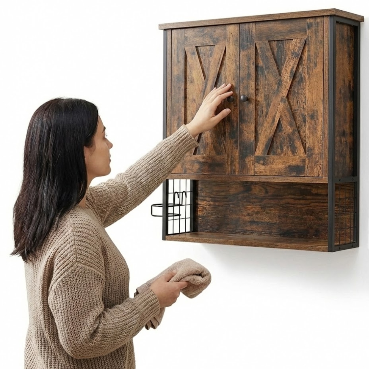 Závěsná nástěnná koupelnová skříňka s policí a držáky na toaletu, dvoudveřová