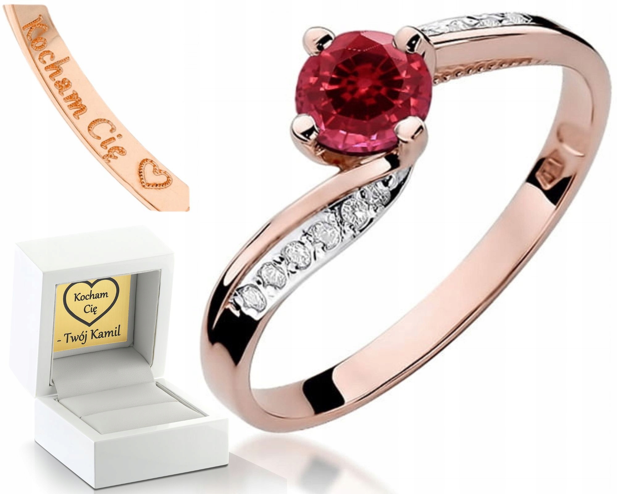 Prstýnek Prsten Z Růžového Zlata S Gravírování Rubínem A Diamanty