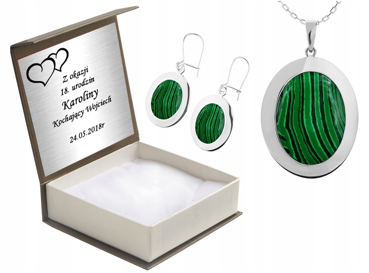 

Komplet Biżuterii Srebrnej Z Malachitami + Grawer