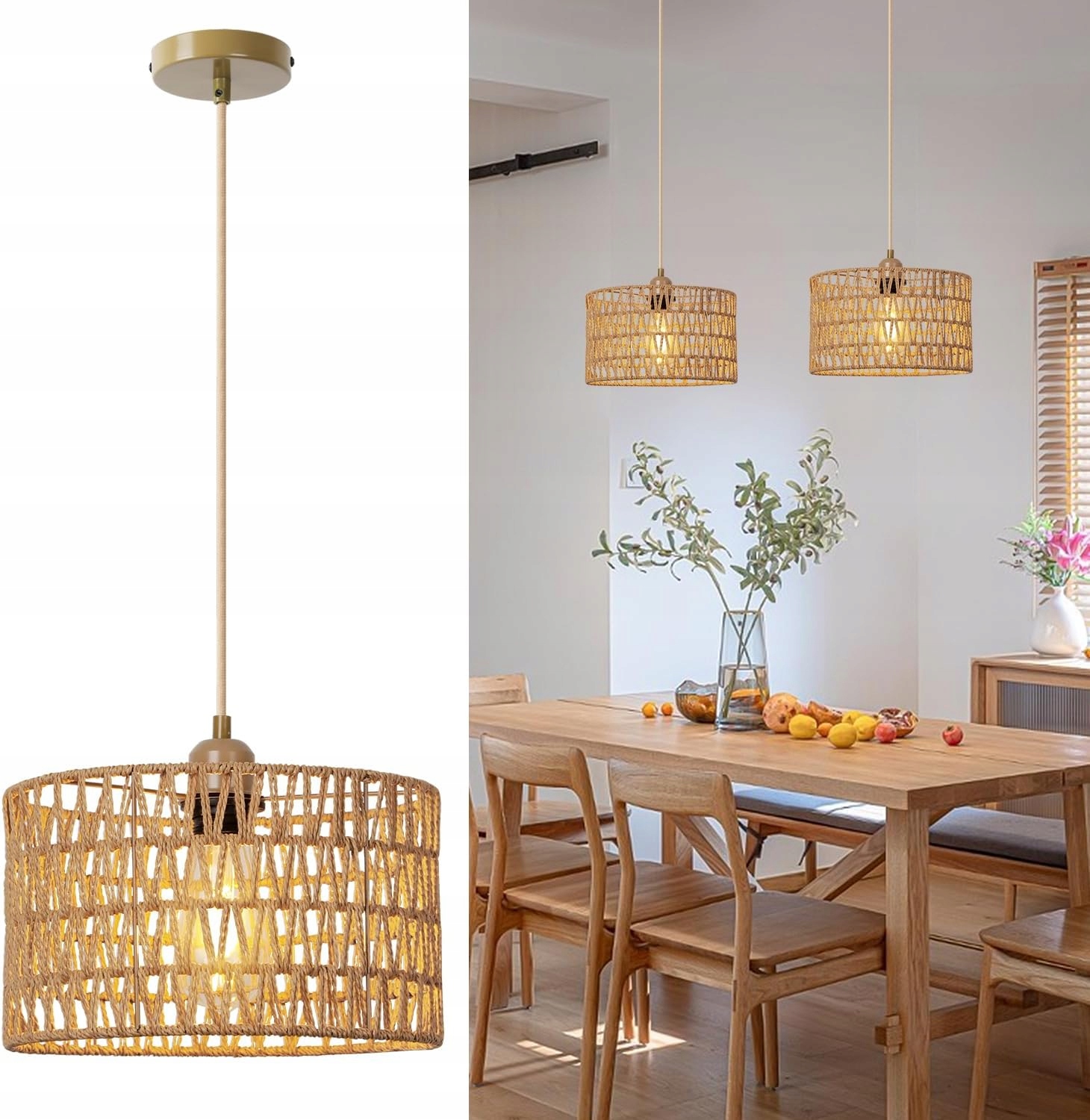 Designová závěsná Vintage lampa ve stylu boho, ratanová, pletená