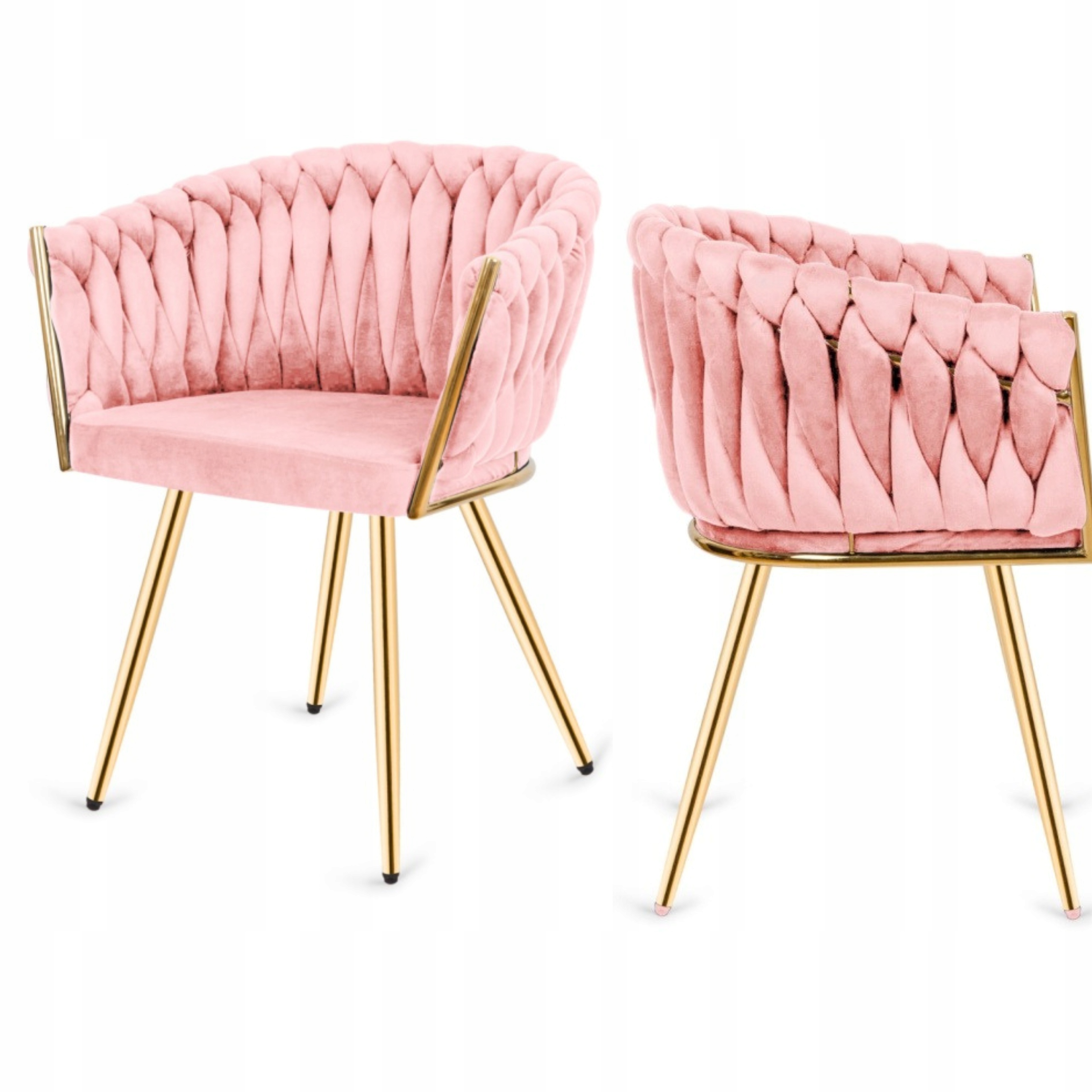 Fotel pleciony welurowy różowy Krzesło warkocz Glamour stylowy złote nogi