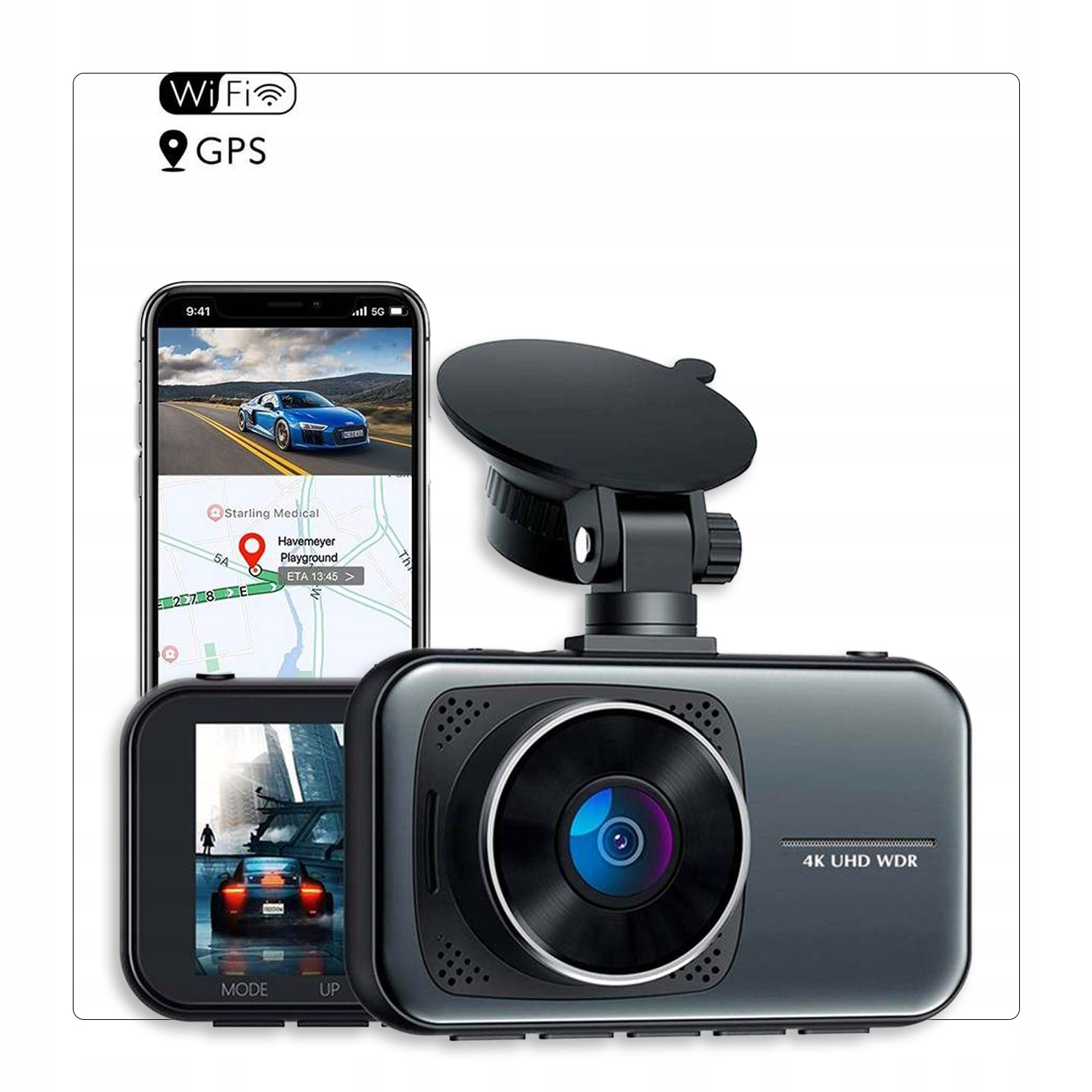 KAMERA DO SAMOCHODU WIDEOREJESTRATOR 4k UHD WiFi GPS Kąt widzenia 170°