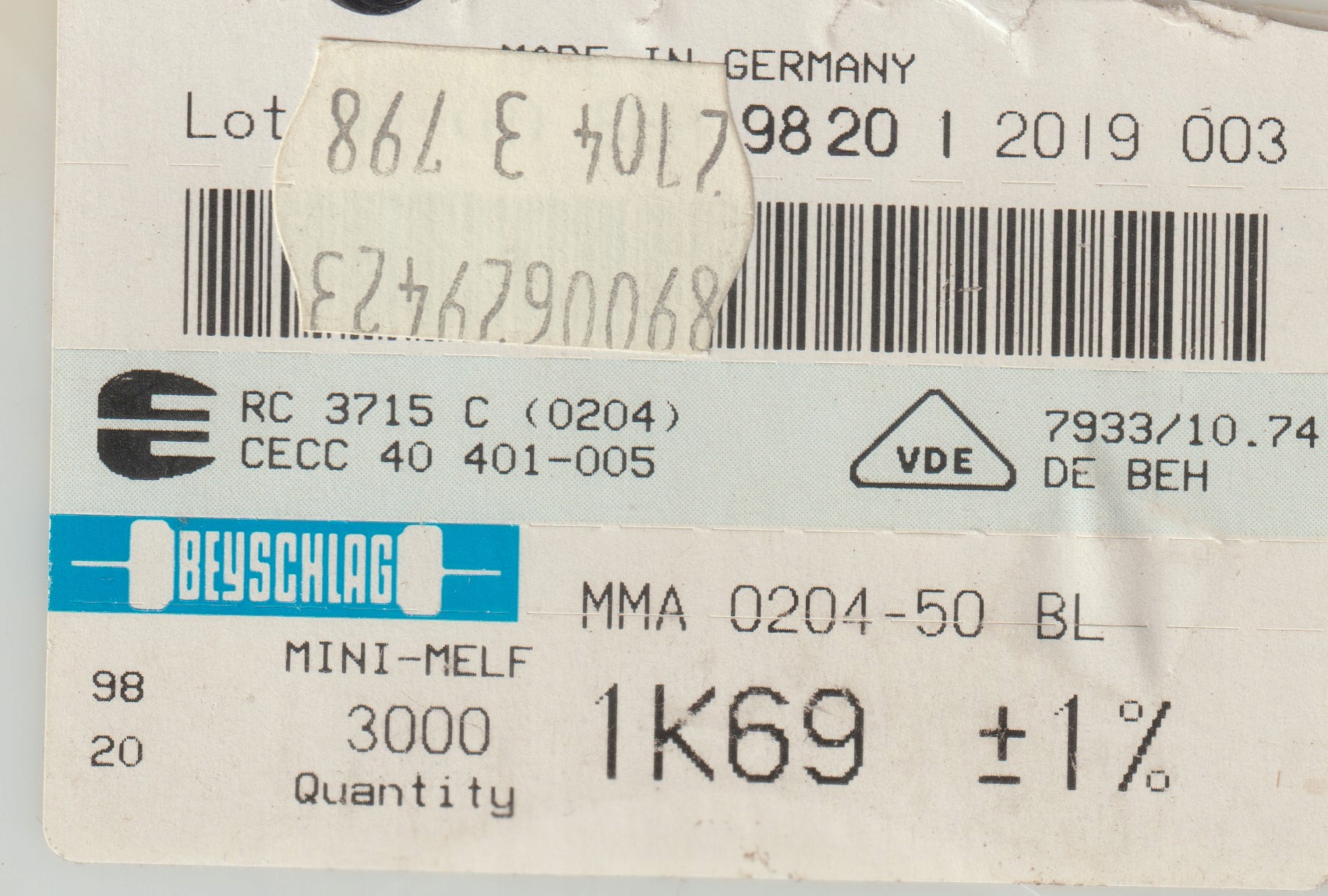 [100szt] 1K69 1% 50ppm rezystor Smd minimelf MMA0204 Beyschlag low noise