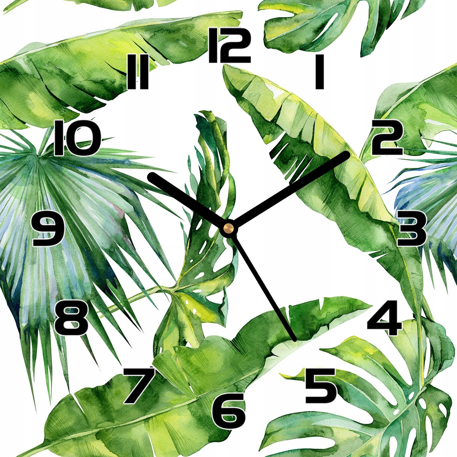 

Cichy zegar szklany Akwarela Liście Dżungla 30x30