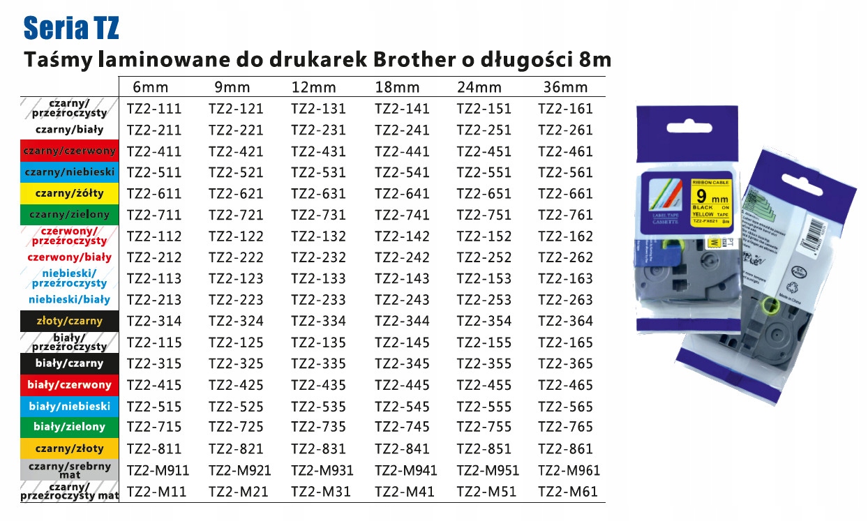 Taśma TZ2-C21 zamiennik Brother TZ-C21 TZe-C21 9mm Kod producenta TZ2-C21
