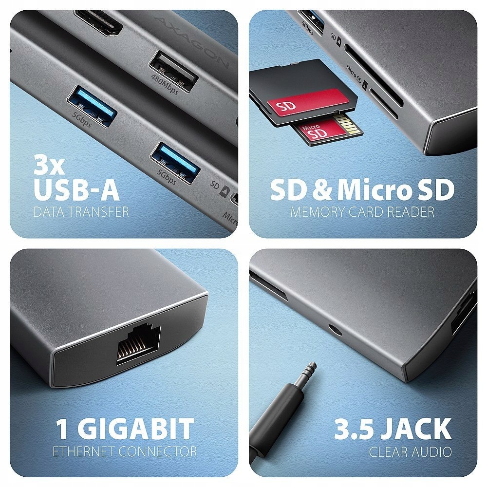 HMC-8HLSA Wieloportowy hub Usb 9in1, 5Gbps, 3x Usb-a Hdmi 4K/30Hz, SD/mic