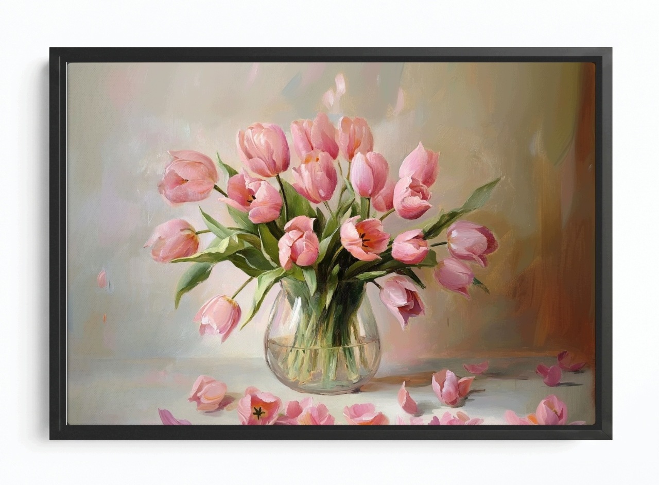 Obraz Rám Americký Box Květiny Růžové Tulipány Kytice Váza 60x40
