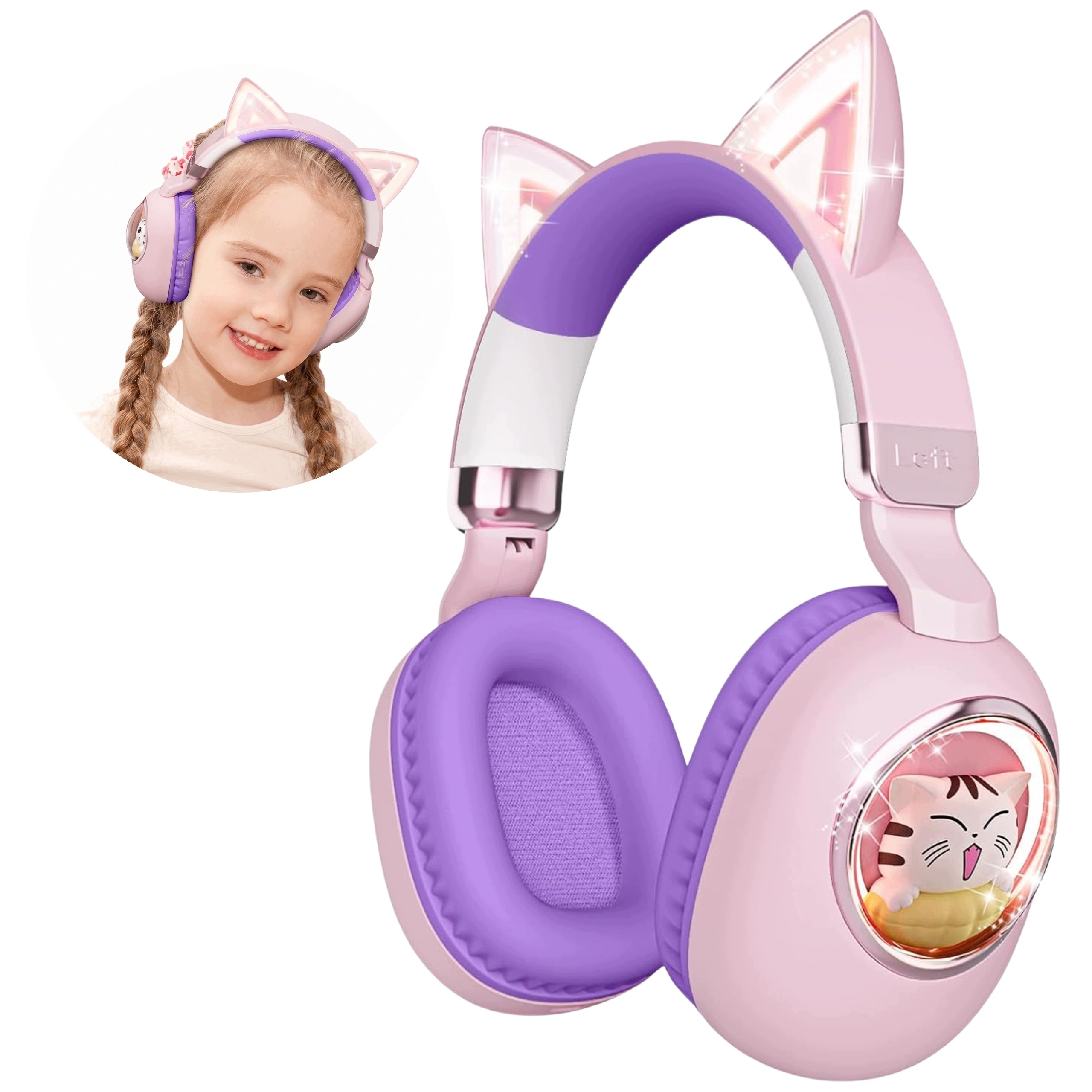 Słuchawki kocie uszy dla dzieci nauszne bezprzewodowe Bluetooth Led Rgb