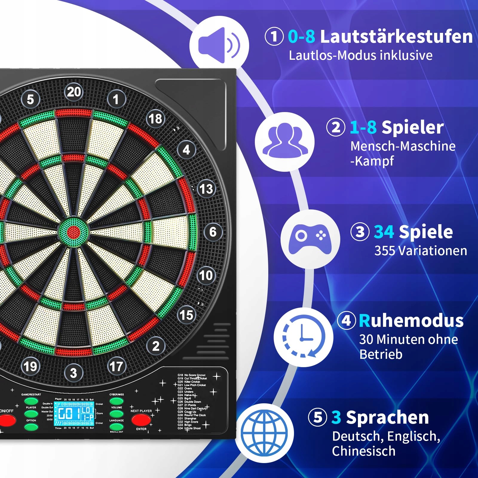 COANHCTM Elektroniczna Tarcza Dart Z Głosem Niemieckim 12 Rzutki LCD 34 Gry — miniatura 2