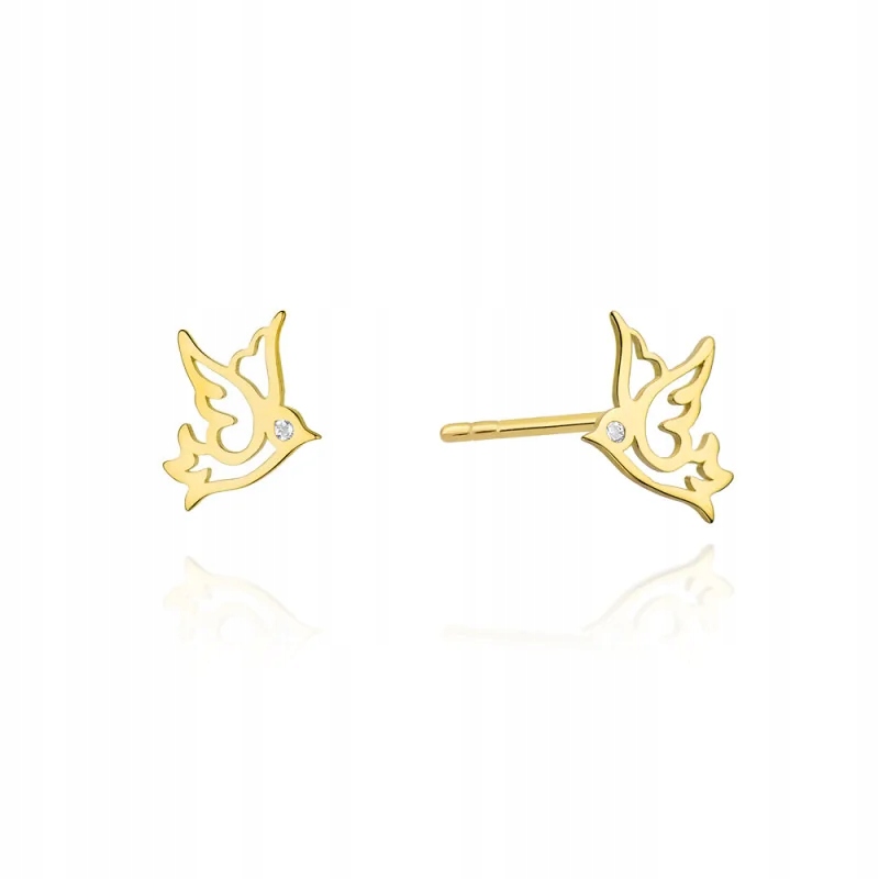 Dámské náušnice ze zlata 585, prolamovaný kolibřík s diamanty, jako dárek 1g
