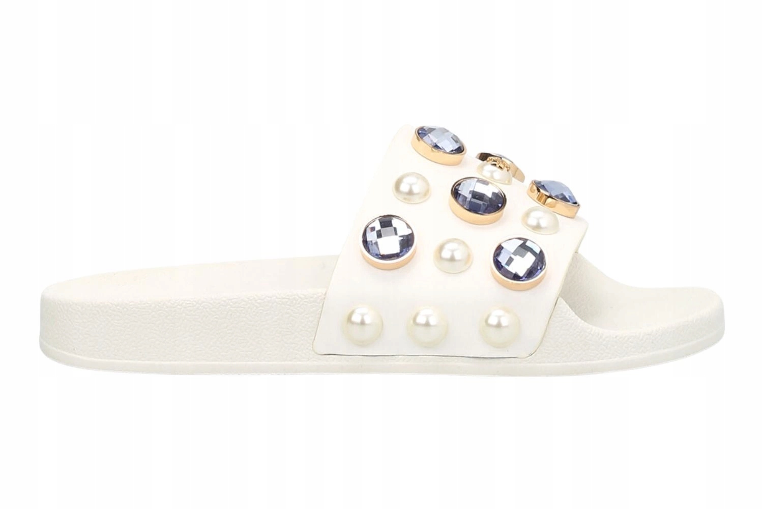 Nazouváky Tory Burch Wail Slide ecru s kamínky, pohodlné na pláž, velikost 36,5