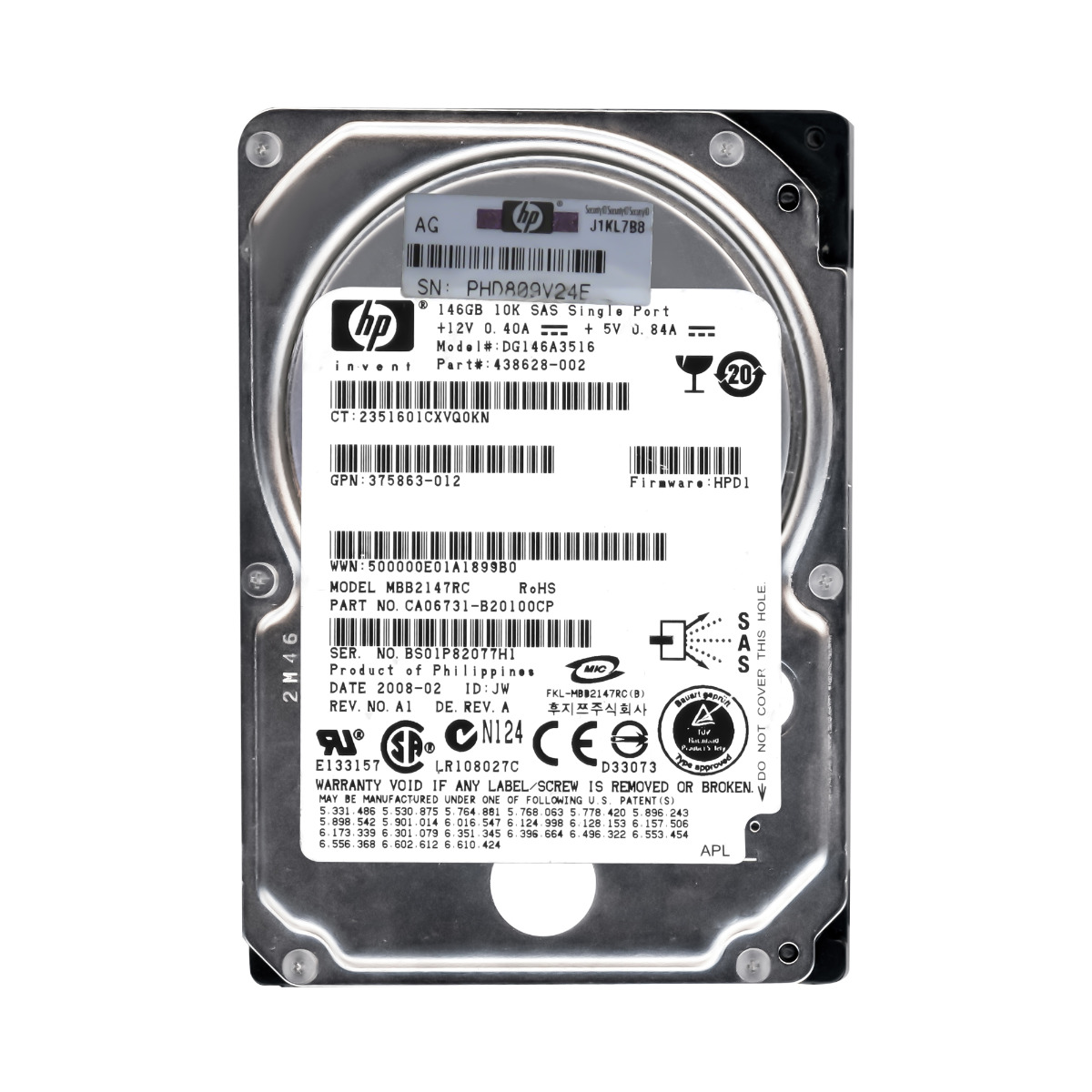 Hp 438628-002 146GB 10K 16MB Sas 2,5'' DG146A3516