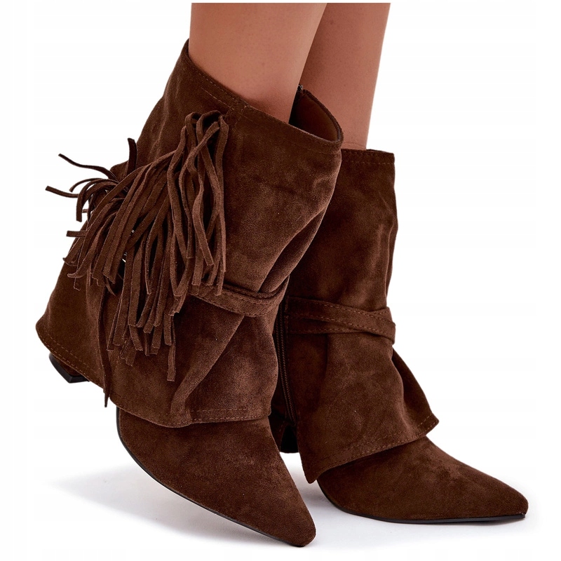 Dámské Kotníkové Boty Eko Semiš Třásně Zlaté Spony Pásky Sloupek Hnědé 36