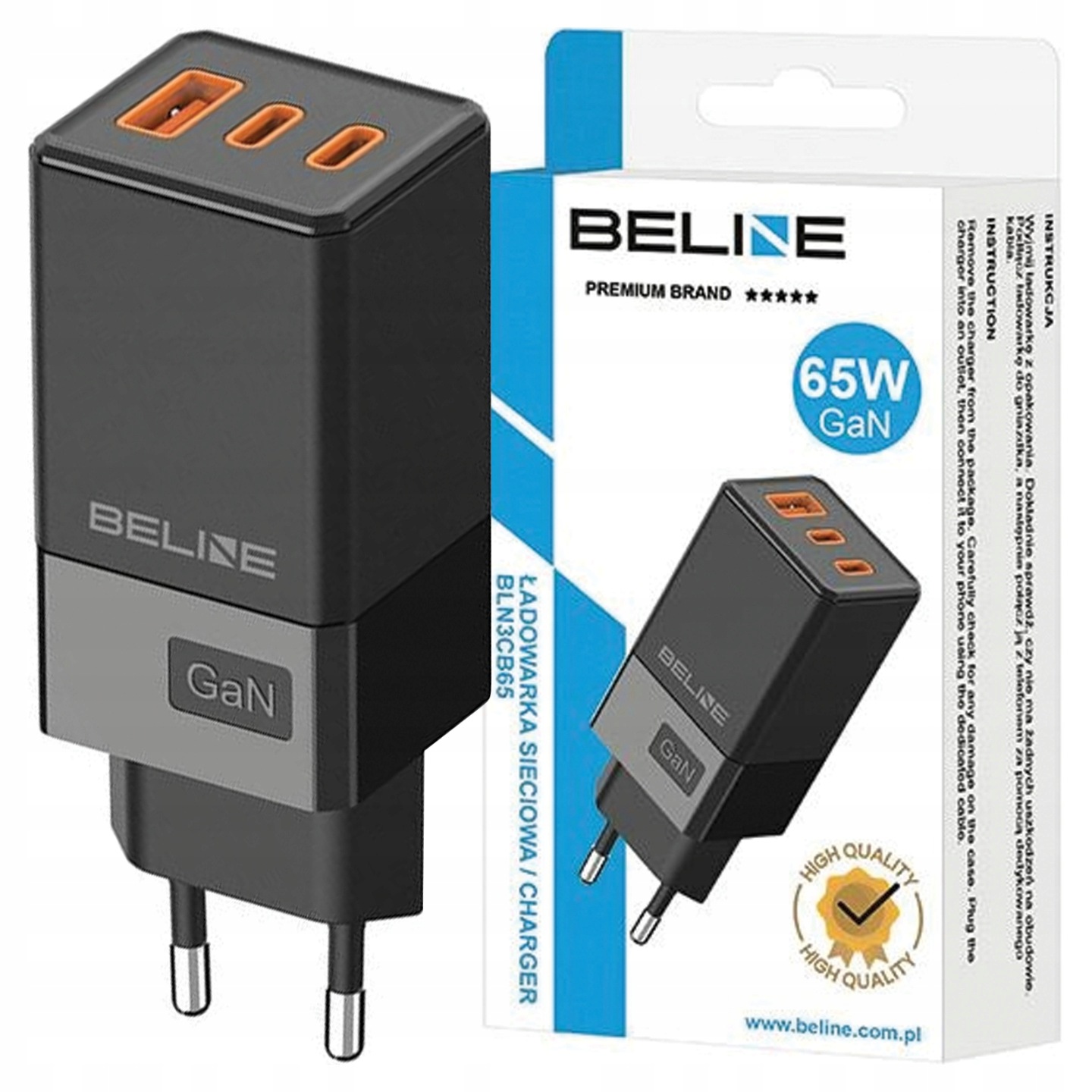 Beline Síťové nabíjení 2x Usb-c 1x Usb 65Wčerná/černá (only head) Pd 3.0 Qc
