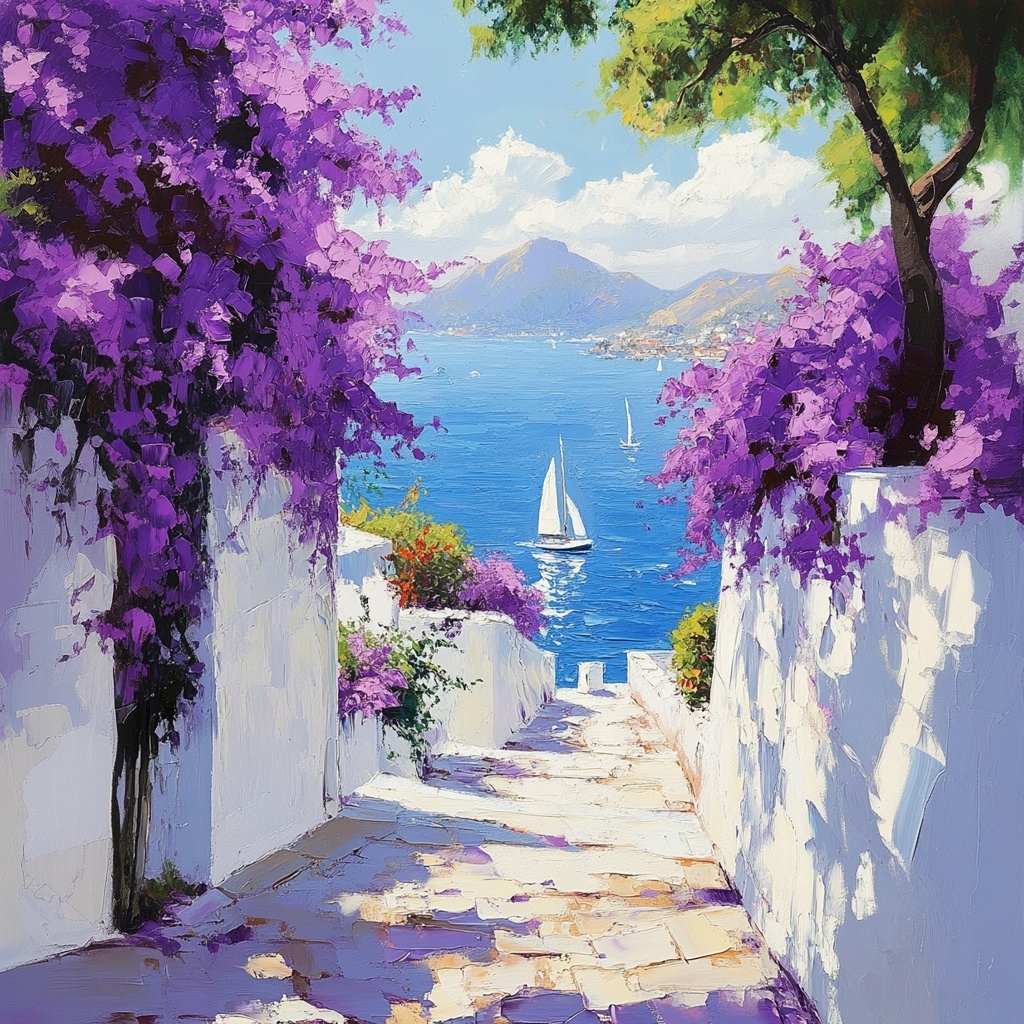 Obraz Na Plátně Canvas Řecko Santorini Ulička Moře Květiny Pohled 80x80