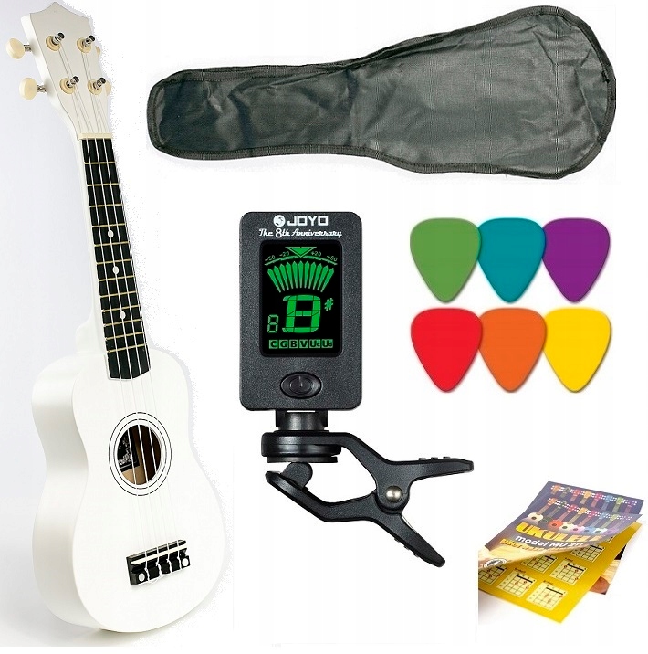 UKULELE SOPRANOWE +TUNER+TABELA+POKROWIEC + KOSTKI