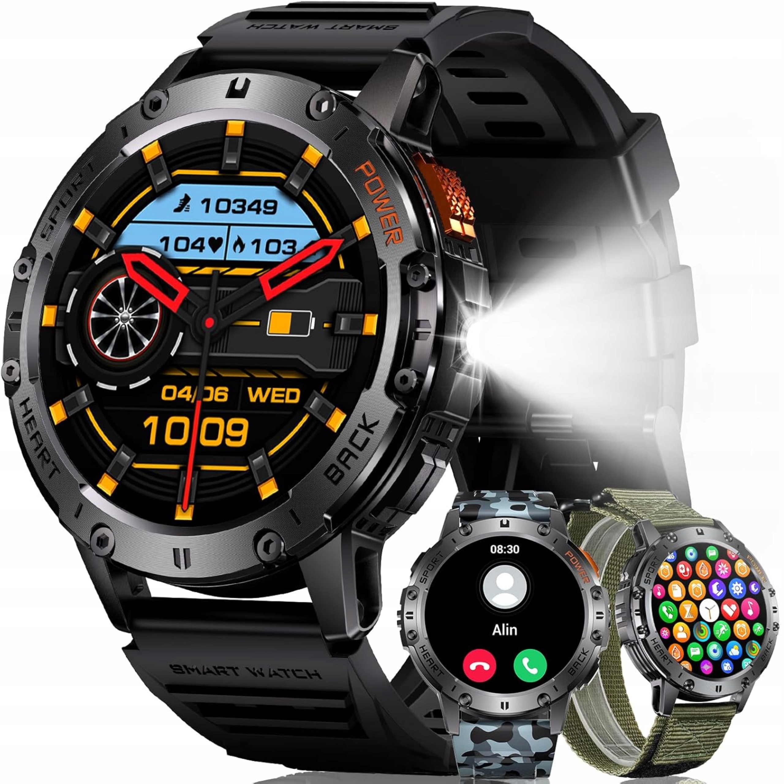 Smartwatch męski IP68 z 110 trybami sportowymi i latarką Led 3 paski