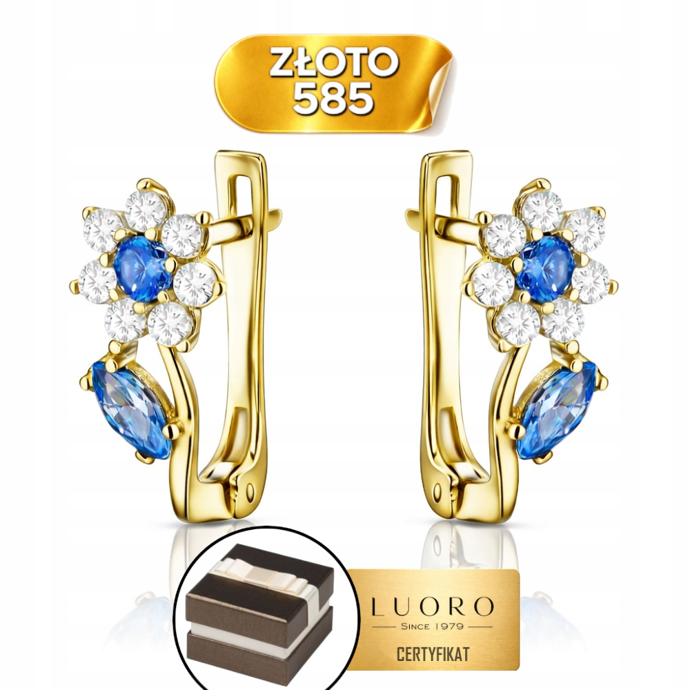 Náušnice Zlaté 585 14K Květinka S Anglickým Modrým Zirkonem 11,5 MM