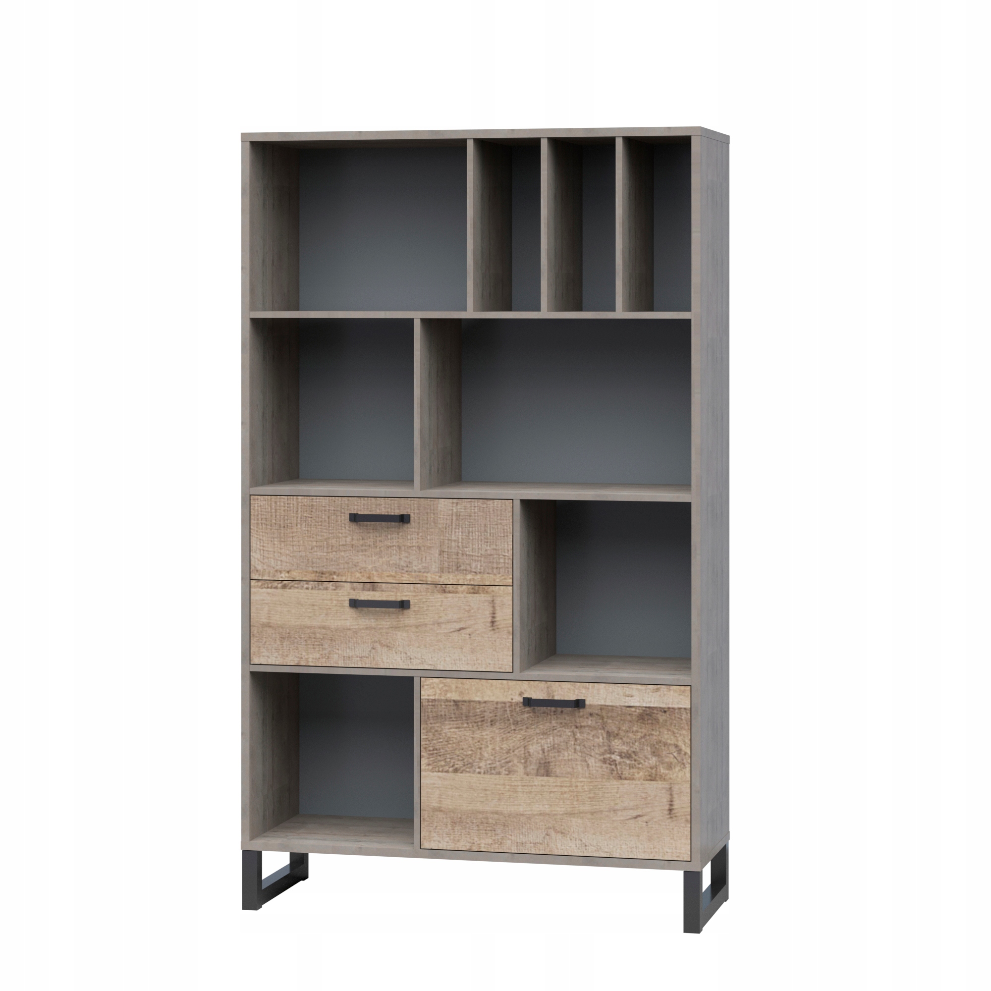 Regał otwarty, dużo półek, odcienie szarości, Bari