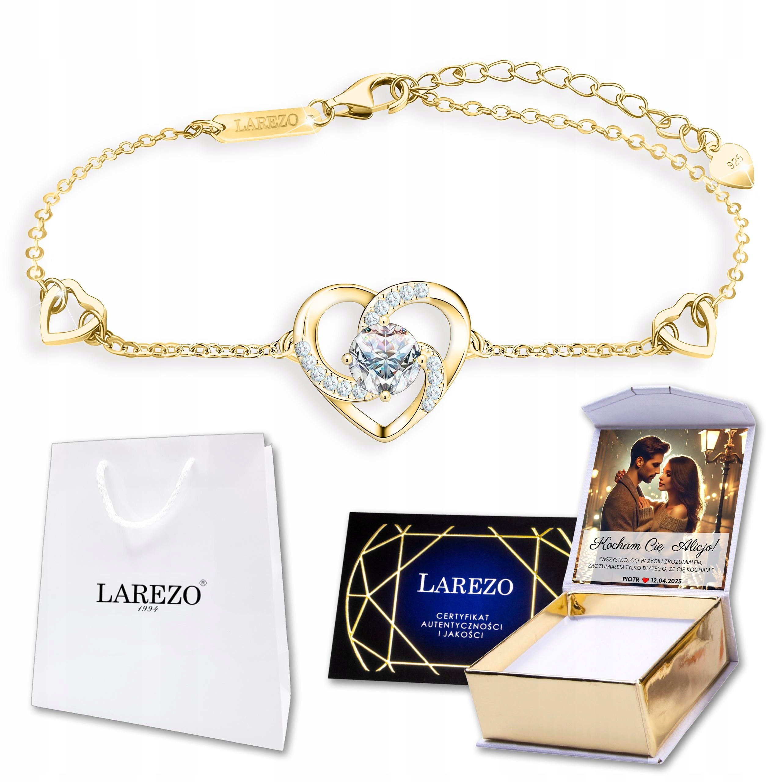 Náramek Zlatý 925 Bílé Křišťálové Srdce Srdíčko Zirkony Potisk