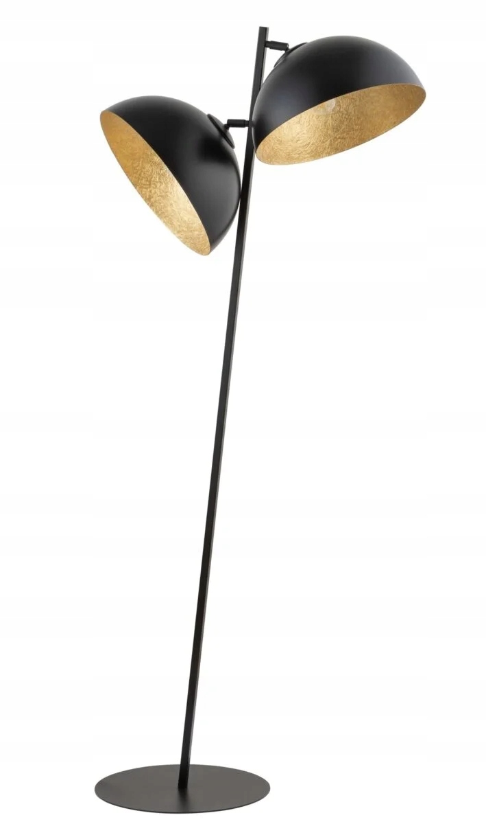 Podlahová lampa naklonená bielou farbou, dve čierno-zlaté kupoly do obývačky Sigma