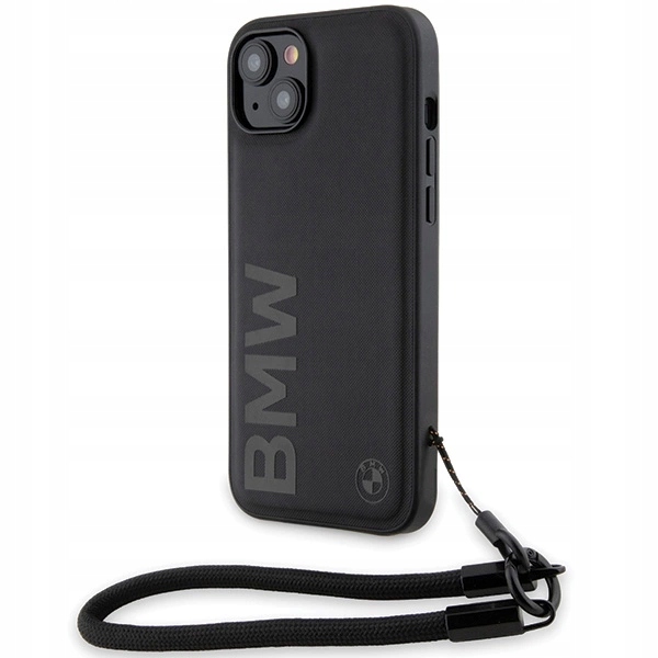 Pouzdro Bmw Signature Leather Wordmark Cord pro iPhone 15 Plus 14 Plus černé