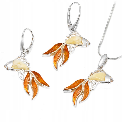 Stříbrné Rybičky sada přívěsek náušnice z Jantarového koňaku mléko Stříbro 925