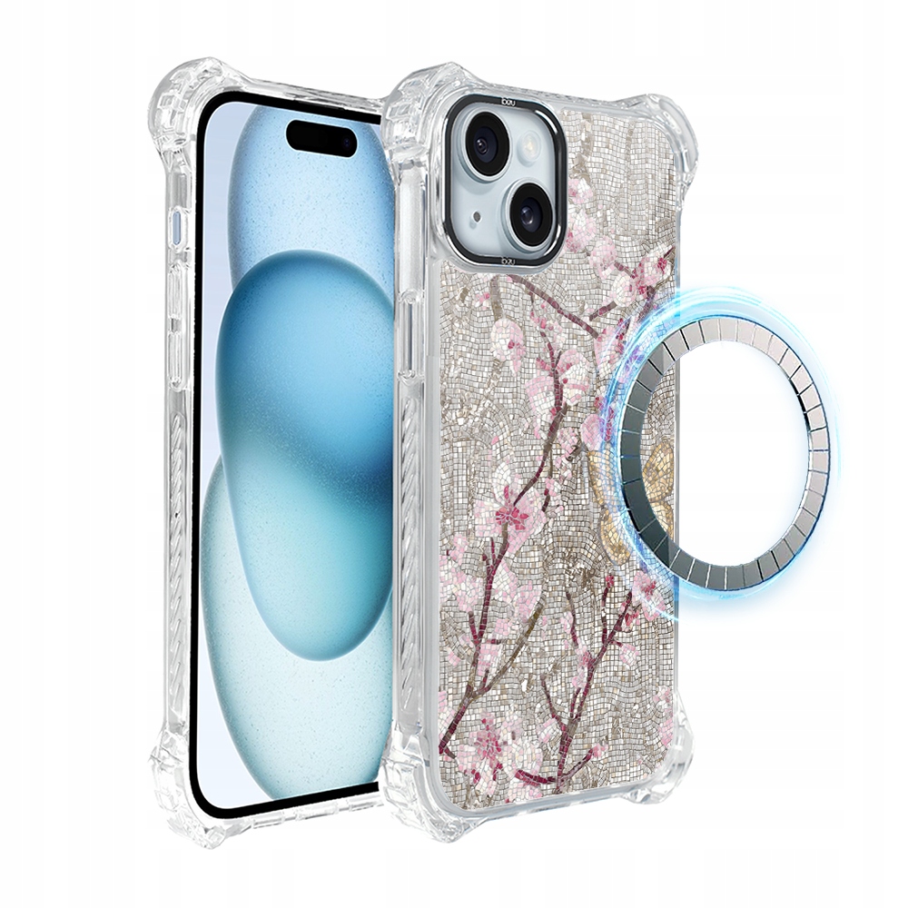 Pouzdro pro iPhone 15 Ibizu DropGuard Ultra s MagSafe, Mozaika kvetoucí třešně