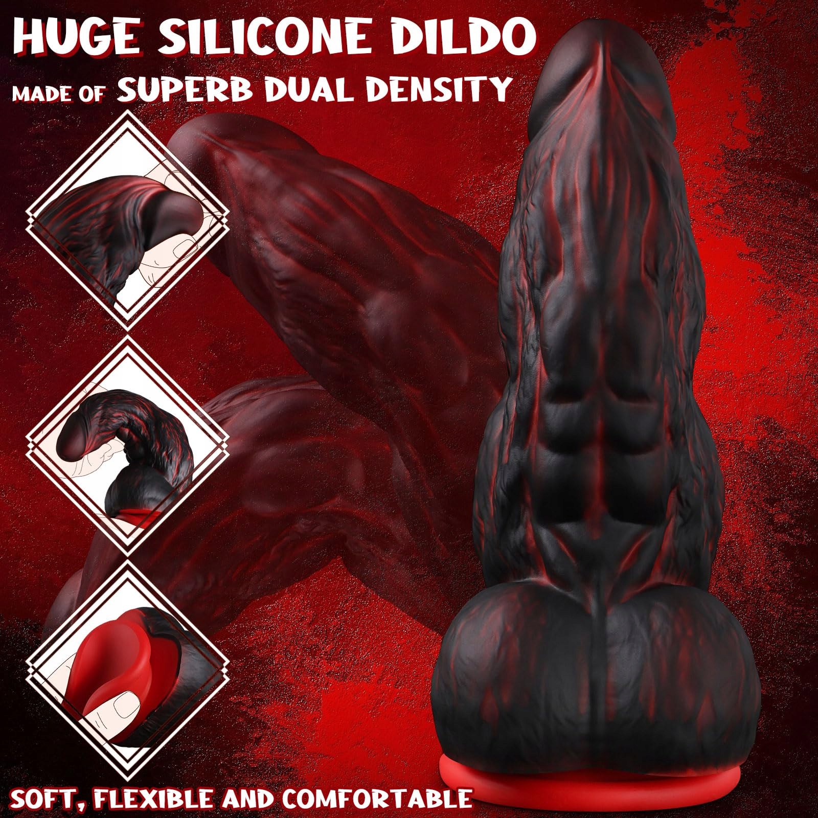 MONSTER Knot Dildo Fantasy Ogon Z Dwoma Węzłami Czarny Czerwony Silikonowy — miniatura 3