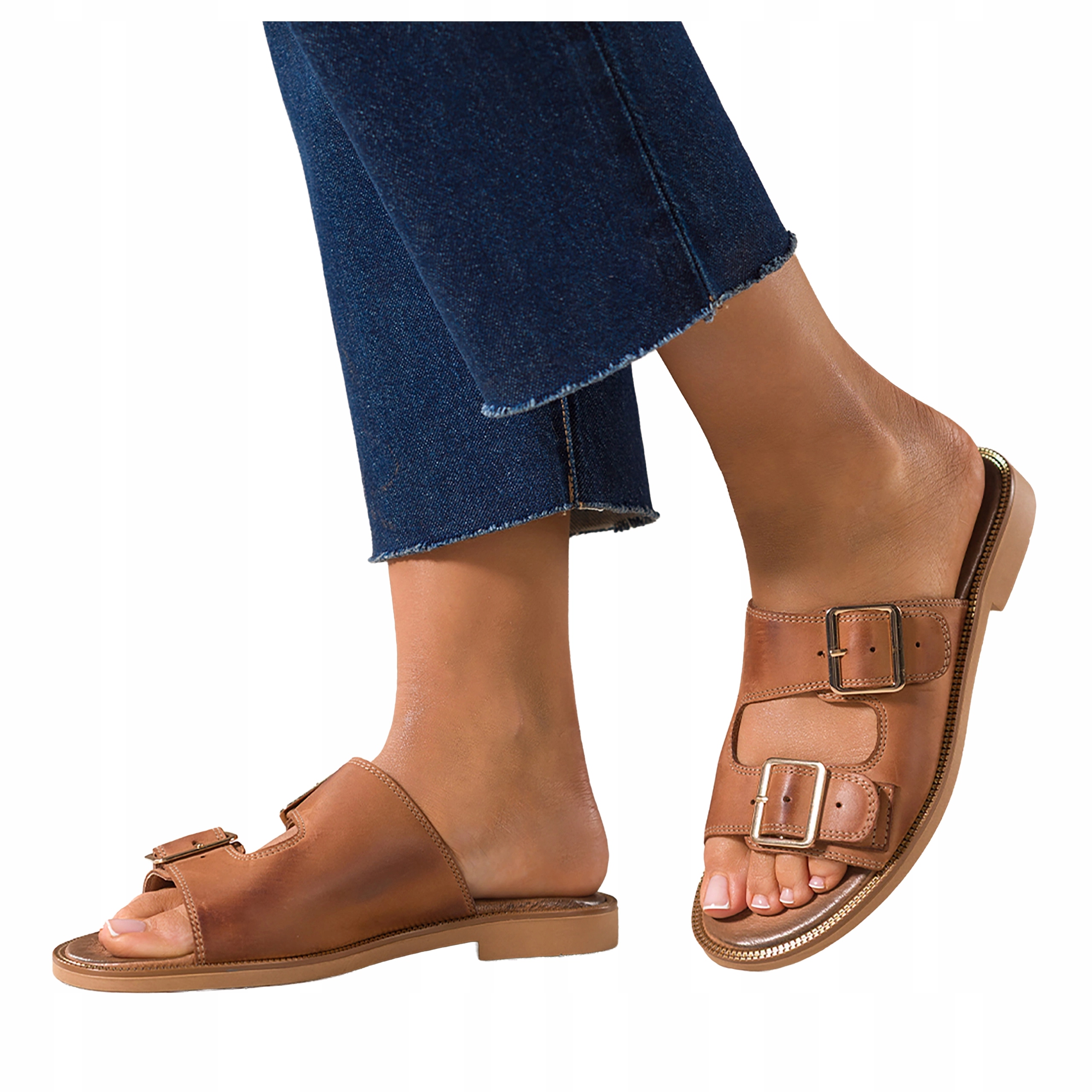 Nazouváky Hnědé Dámské Kožené Pásky s přezkami Ozdobná podrážka vel. 40