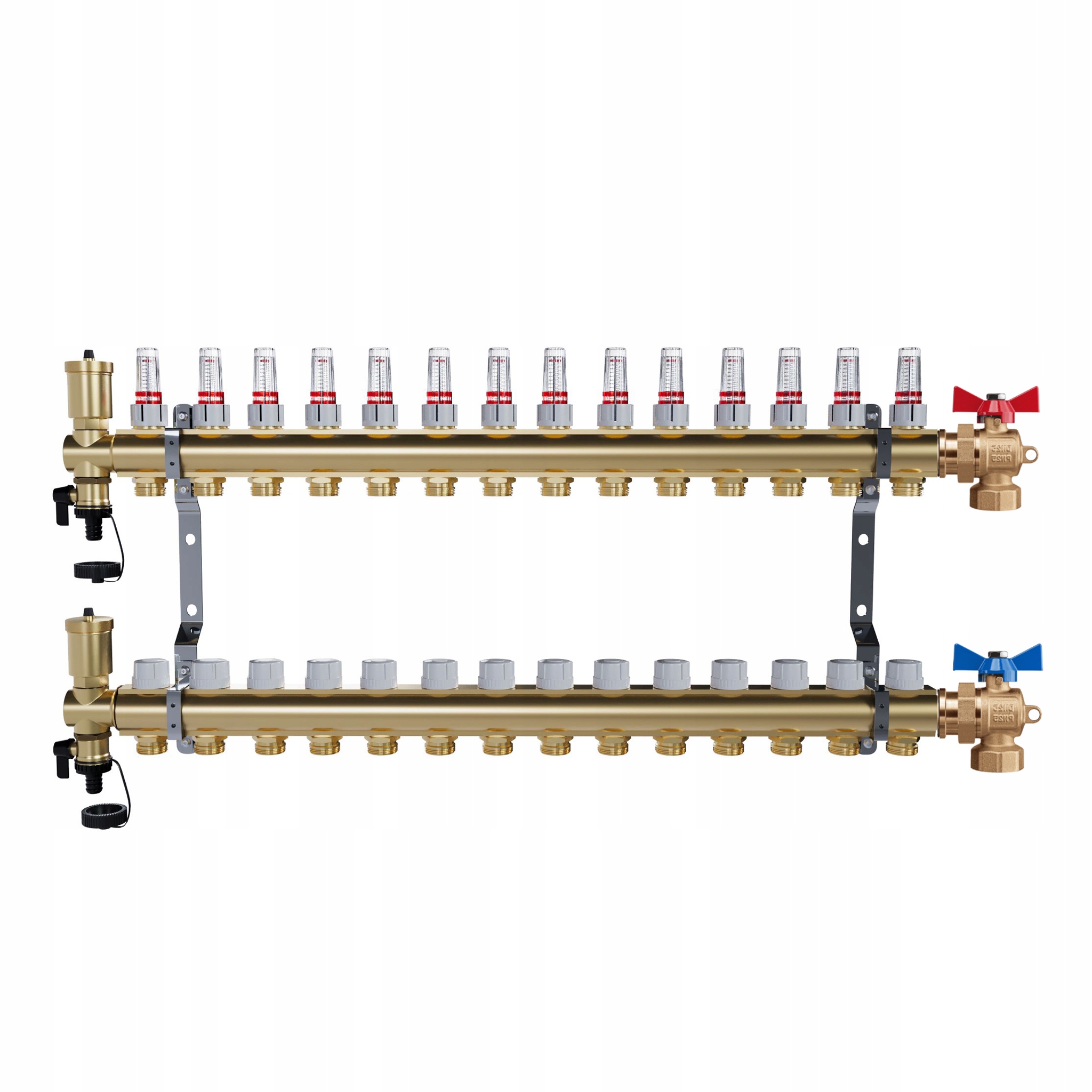 Rozdělovač pro podlahové vytápění – 14 okruhů úhlové kulové ventily