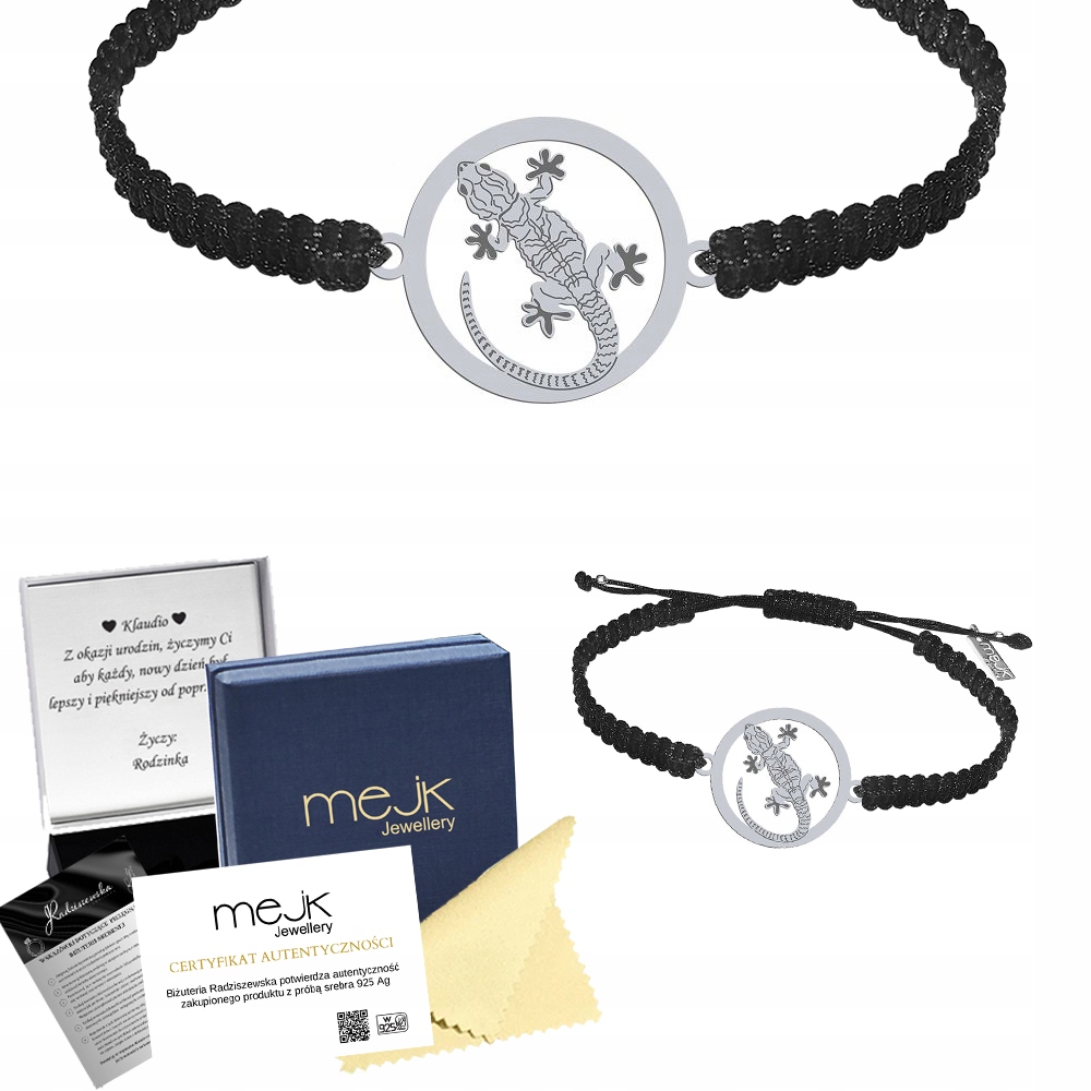 Stříbrný náramek s gekonem 925 Makramé Šperky Dárek Gravírování Bonus