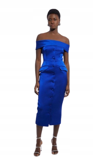 Karen Millen Petite Modré Šaty MIDI S Odhalenými Rameny 38 B1F