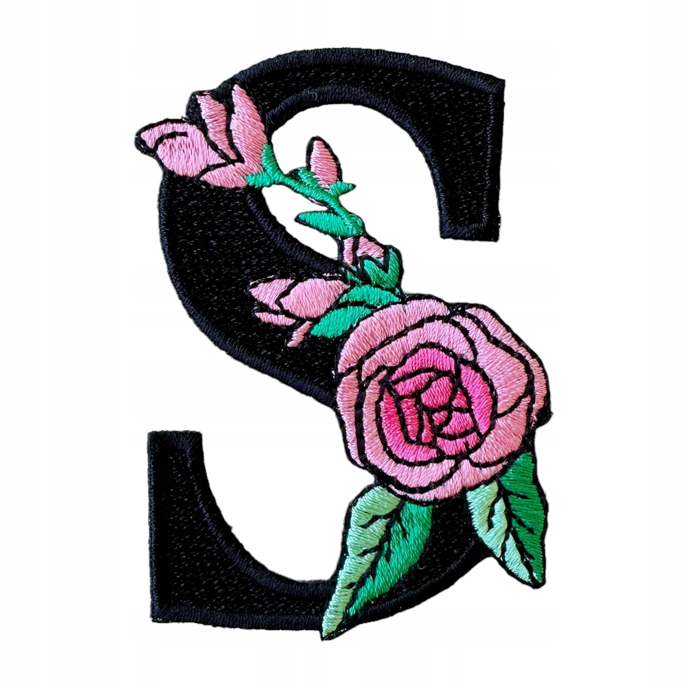 Naszywka TERMO, naprasowanka Litera haftowana z kwiatem do personalizacji S