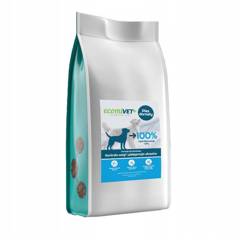 ecomiVET+ Low Fat Hmotnost Klouby 1,5 kg dieta pro psa 100% hydrolyzát Bílá Ryba
