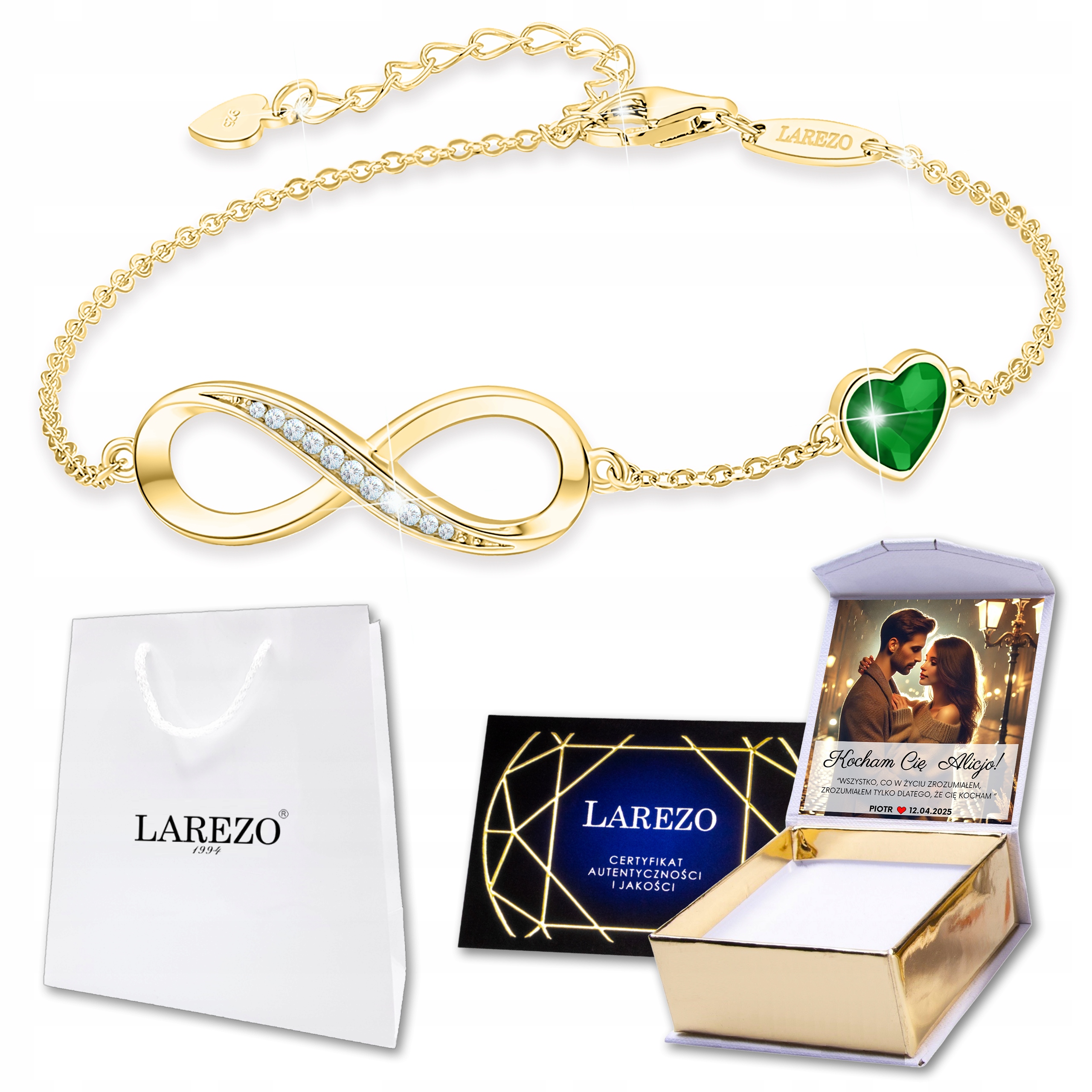 Zlatý náramek 925 s nekonečnem Zirkony Velké zelené srdce Potisk