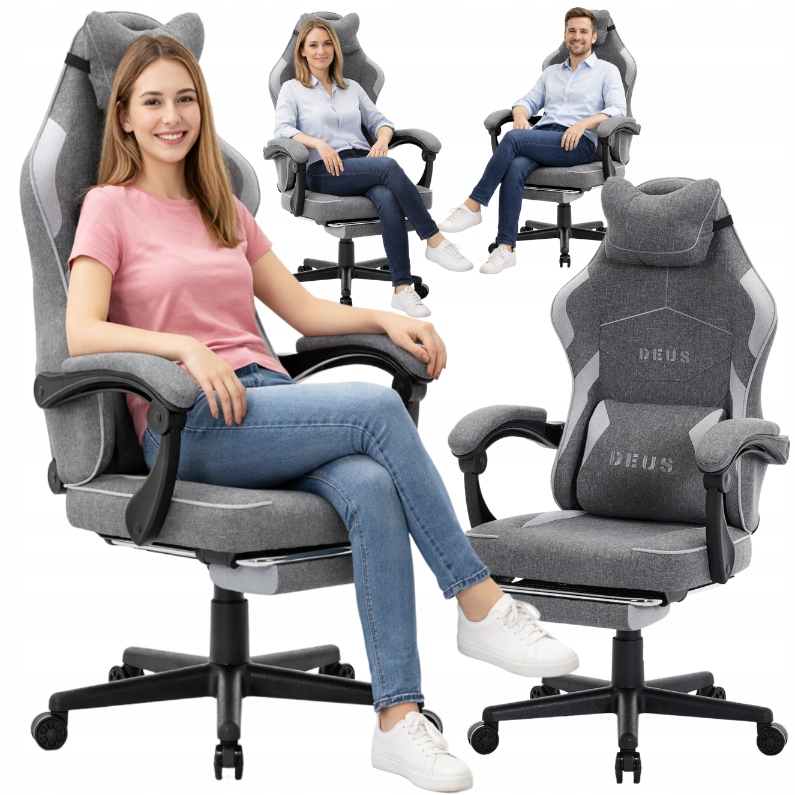 Fotel Gamingowy Deus Edge Szary Materiałowy Ergonomiczny Krzesło Dla Gracza