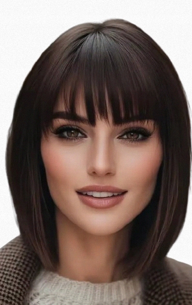 Peruka damska ciemny brąz z grzywką krótka do ramion prosty bob syntetyczna