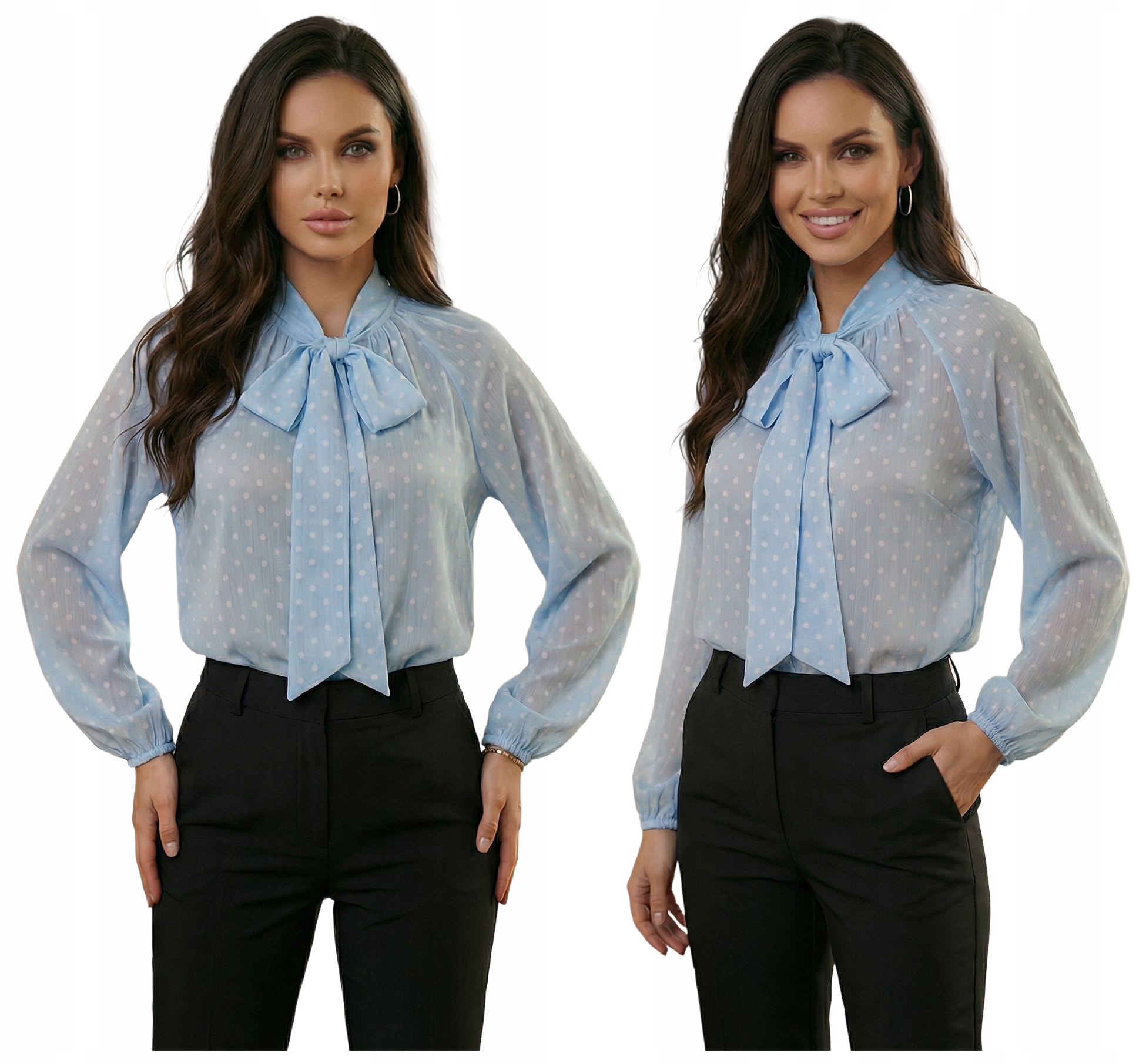 Bluzka Mgiełka Wizytowa Wiązana Kokarda Błękitna Groszki Premium