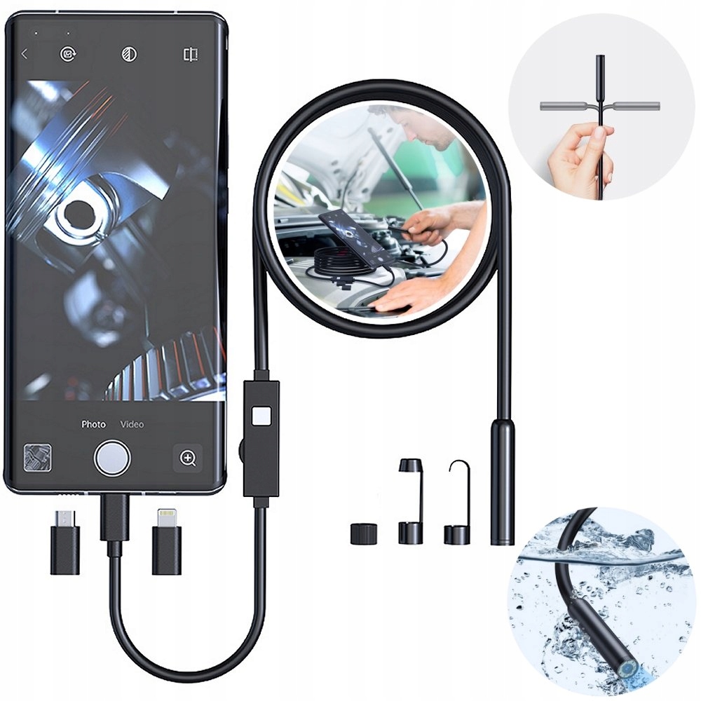 ENDOSKOP KAMERA INSPEKCYJNA DUO WARSZTATOWA ANDROID iOS 5m 1920P HD 8 LED