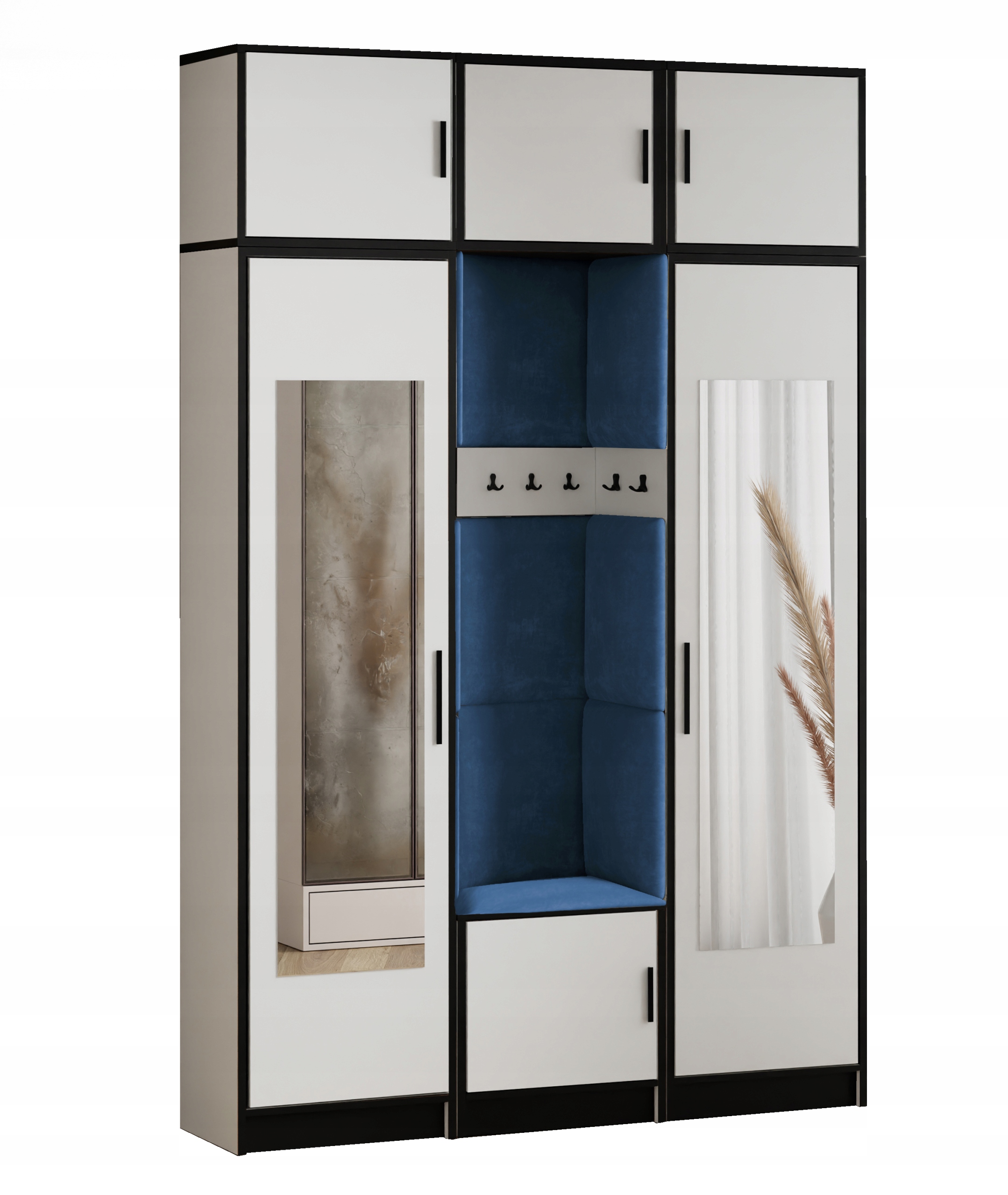 Šatní skříň Dior 12 bílá levná modrá s zrcadlo sedákem a nástavcem