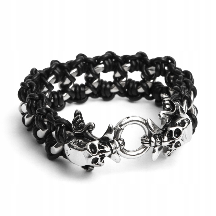 Pánský kožený náramek, černá pletená lebka, kůže, ocel